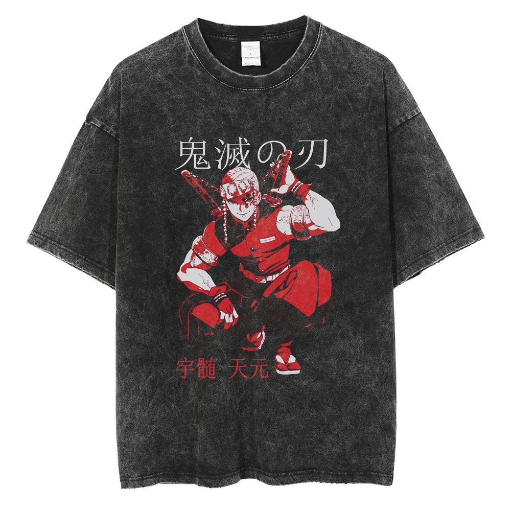 Tanjiro You Bean Shanyi Pattern T-shirt Men's Washed Cotton T-shirt Anime Devil Killer Daily Street Dressing