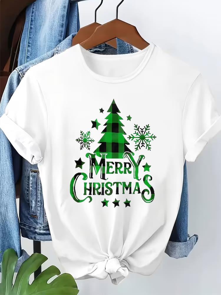 (Asian Size) tree cute style T Shirt Print Fashion Merry Christmas Women's Top Short Sleeve T-shirts O-neck Casual New Year Clothing Graphic Tee