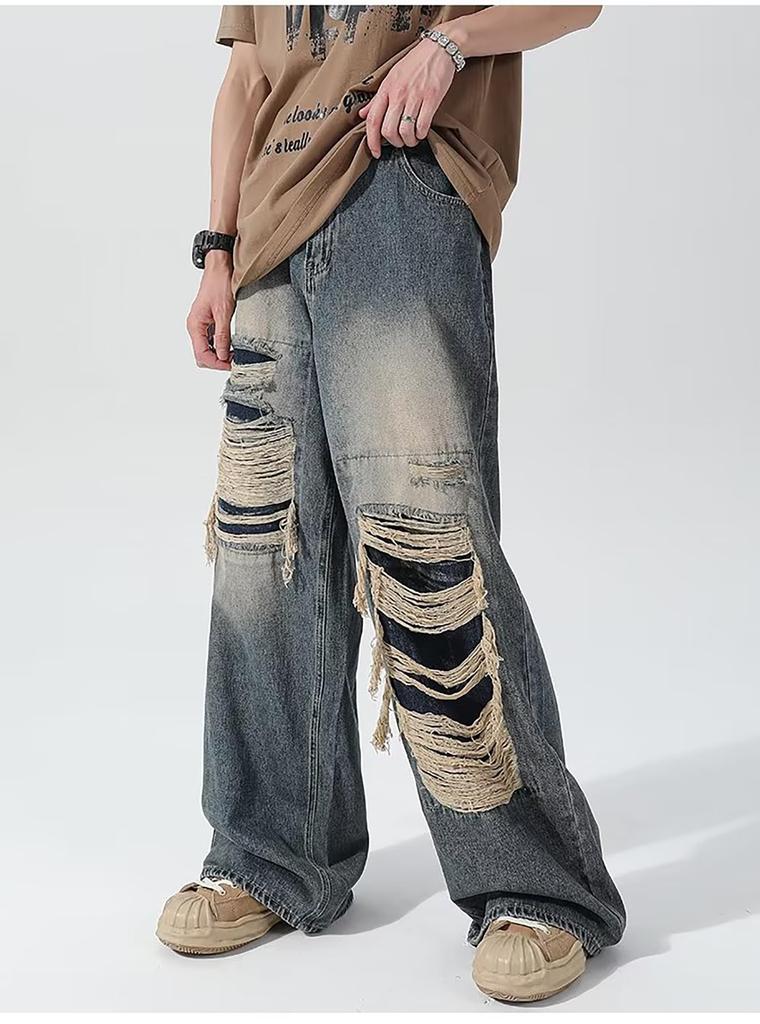 MMTYRM Men's Wide-Leg Denim Pants, Loose Fit, Stretch Goose-Eye Denim Pants, Stylish Jeans with Distressed Finish, Available in Plus Sizes, Blue, XL
