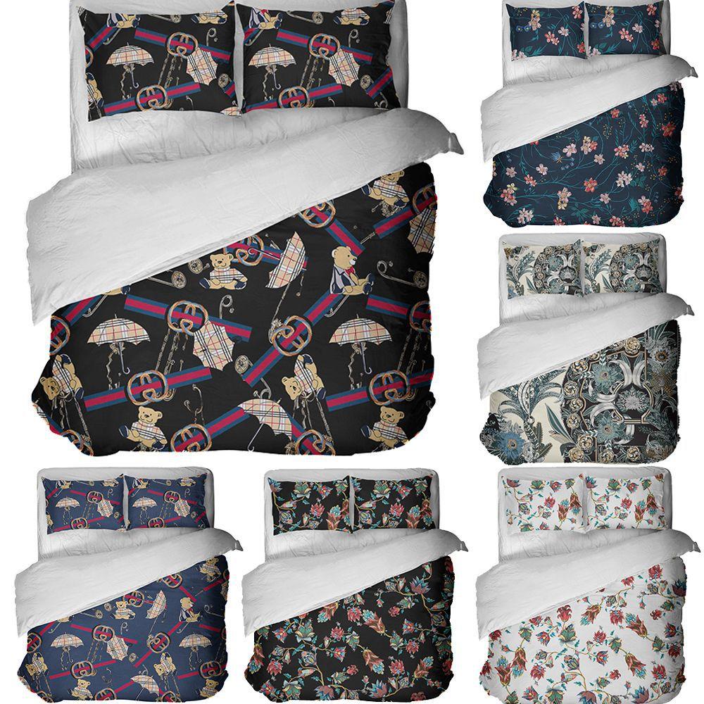 3D Printing Three-Piece Flower Set With Bear Retro Student Dormitory Bed Sheet Three-Piece Bedding Printing
