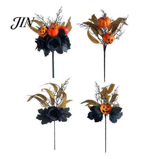 Autumn Harvest Bouquet Halloween Flowers Decorations, Black Artificial with Pumpkin Rose Eucalyptus Maple Leaf Decor Floral Stems, Indoor Branches for