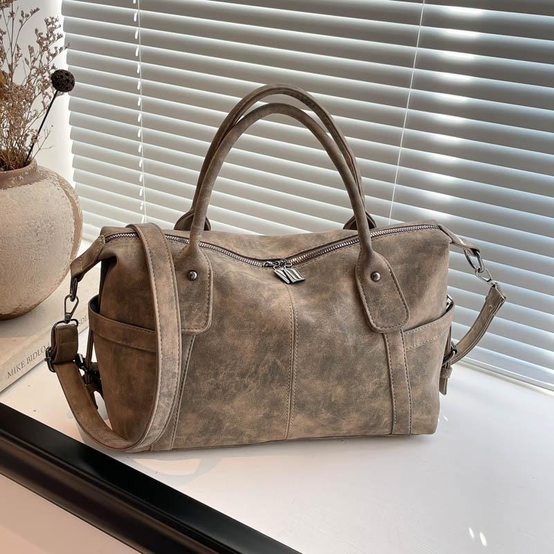 Vintage Brown Distressed PU Leather Boston Handbag For Women Retro Casual Crossbody Bag With Detachable Strap For Shopping