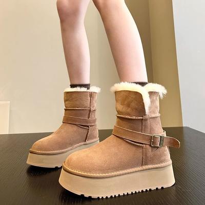 Süßer Aufheller~ spitze Waren Kuhfell integrierte geflanschte Schneestiefel Damen dicke Sohlen erhöhen Höhe Baumwollschuhe zwei Tragemöglichkeiten Baumwollstiefel
