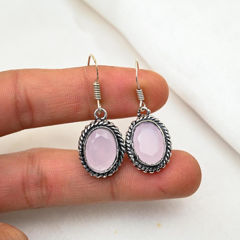 Pink Chalcedony Earrings Gemstone Jewelry, 925 Solid Sterling Silver Handmade Earrings, Latest Design Jewelry