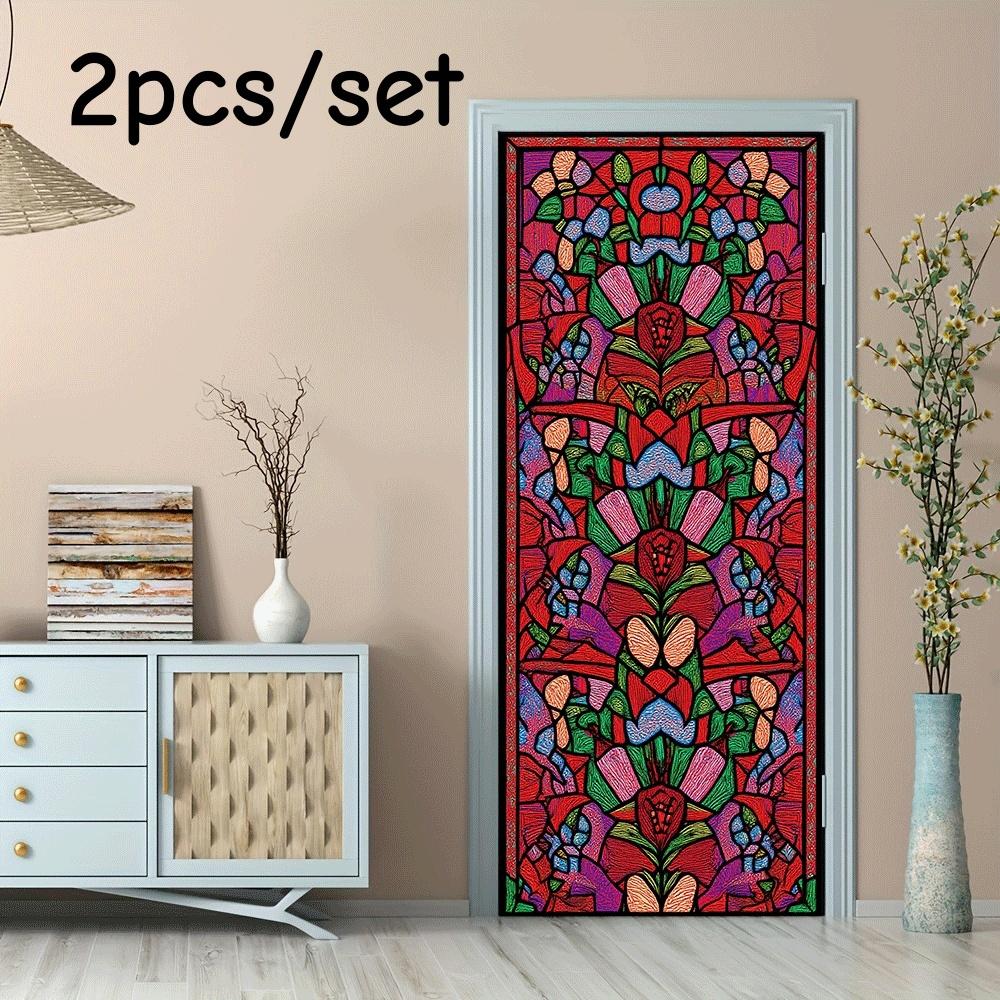 

2pcs colored glass style door stickers retro art decoration stickers self-adhesive removable window flower stickers living room (as the picture,38.5x200cmx2)