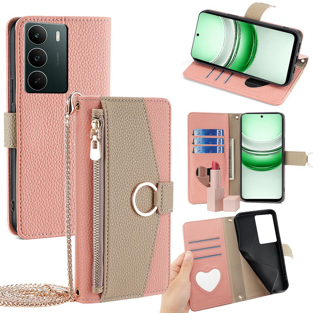 

For Realme C71 4G Case Mirror Wallet Leather Phone Cover with Chain Shoulder Strap Pink