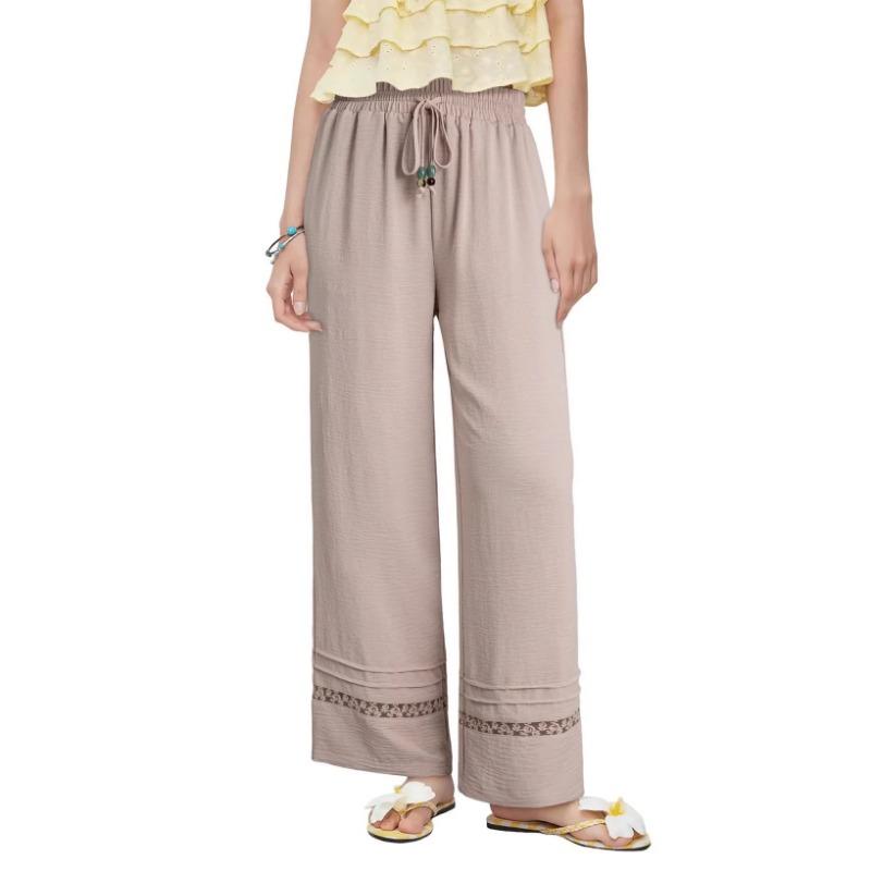 Casual Loose High Waist Solid Straight Hollow Out Wide Leg Cropped Pants For Women