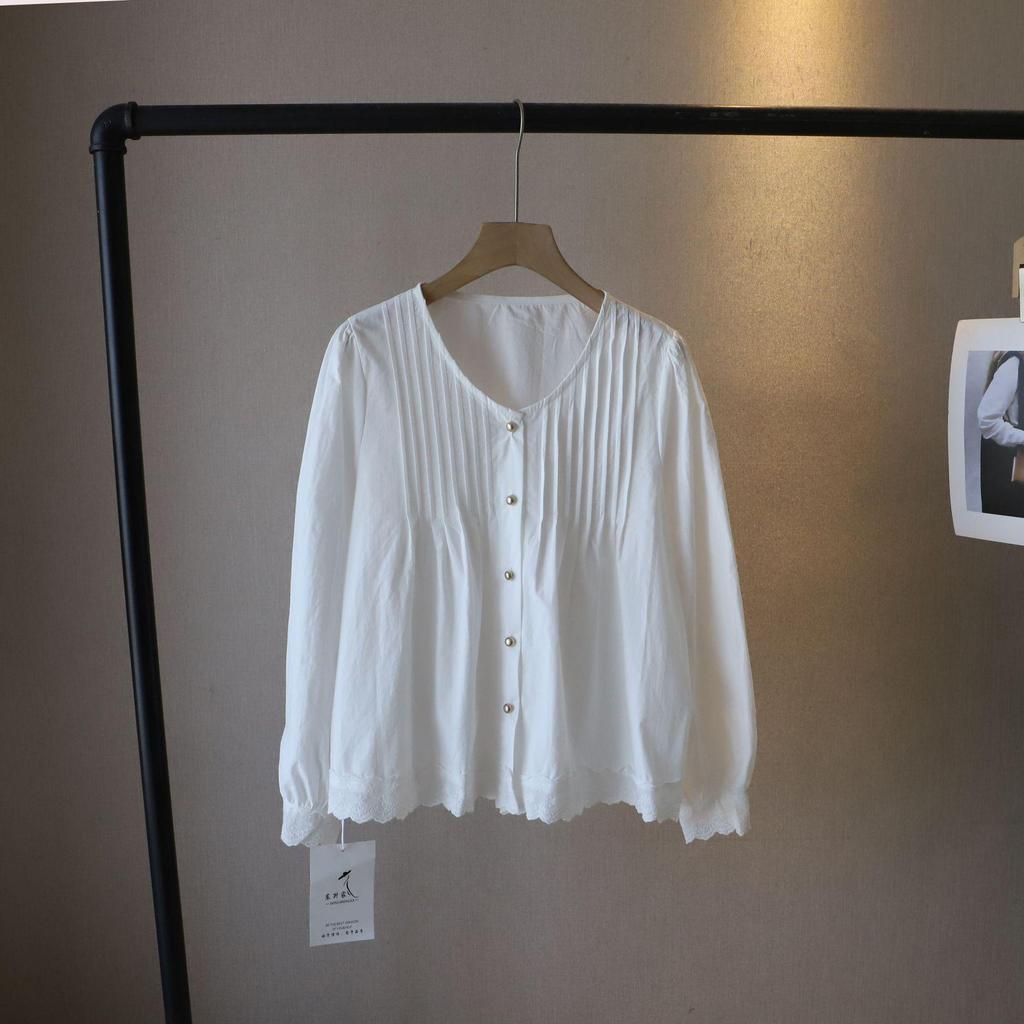 [Bi Zheng] 2025 Frühling Koreanischer Stil Damen Schwerindustrie Plissierte Spitze Langarmbluse 3296