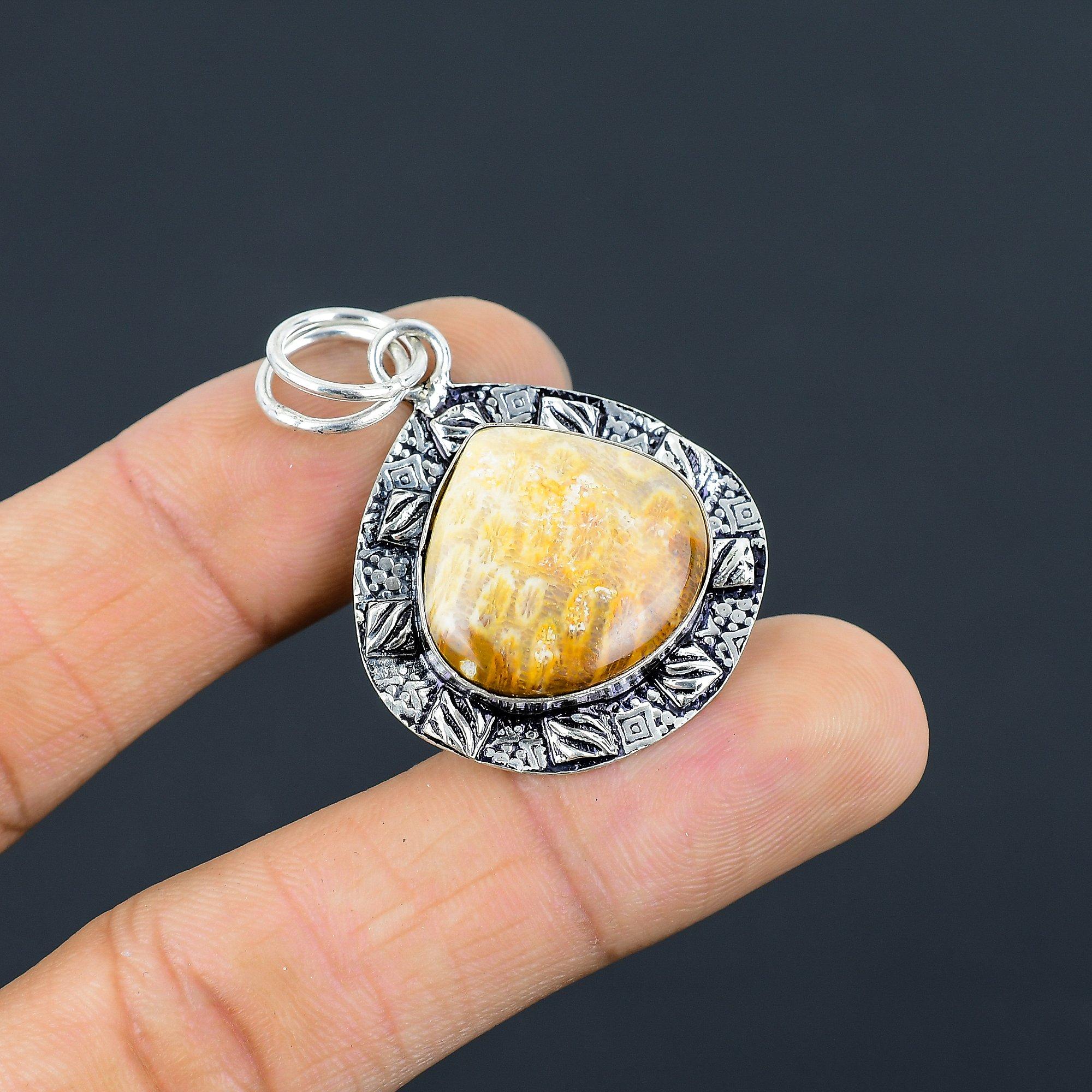 

Daughters Day Sale Sterling Silver Pear Fossil Coral Stone Mother Unique Pendant