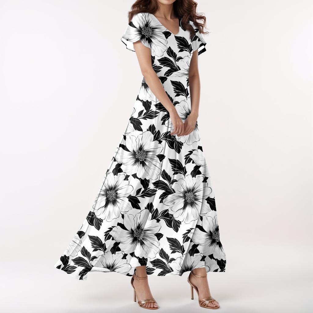 Lässiges Damenkleid mit V-Ausschnitt, kurzen Ärmeln und hoher Taille, Retro-Blumenblatt-Print