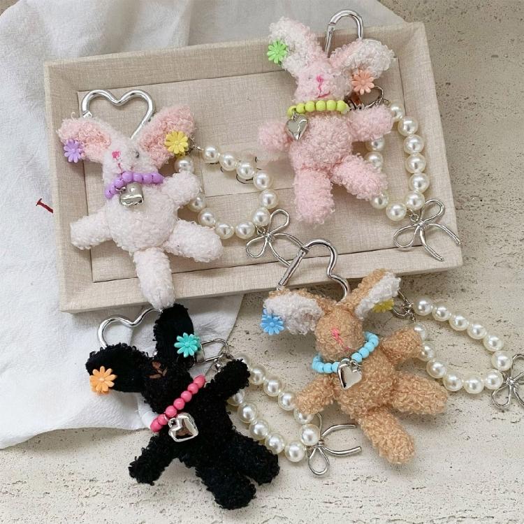 Delicate Rabbit Phone Charm PP Cotton Keychain Pearls Hair Clip Lovely Rabbit Stuffed Keyring Gift For Students