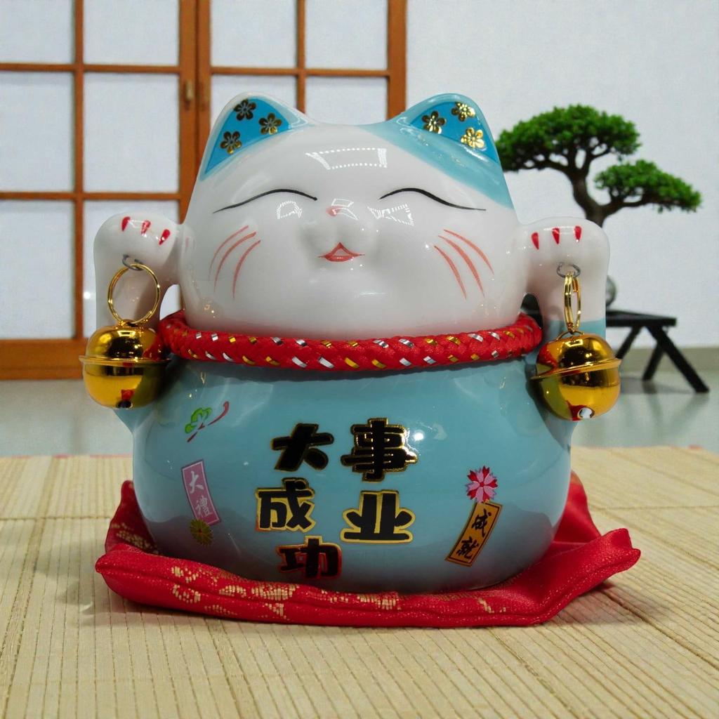 Ceramic Money Cat Bank – Blue on Cushion
