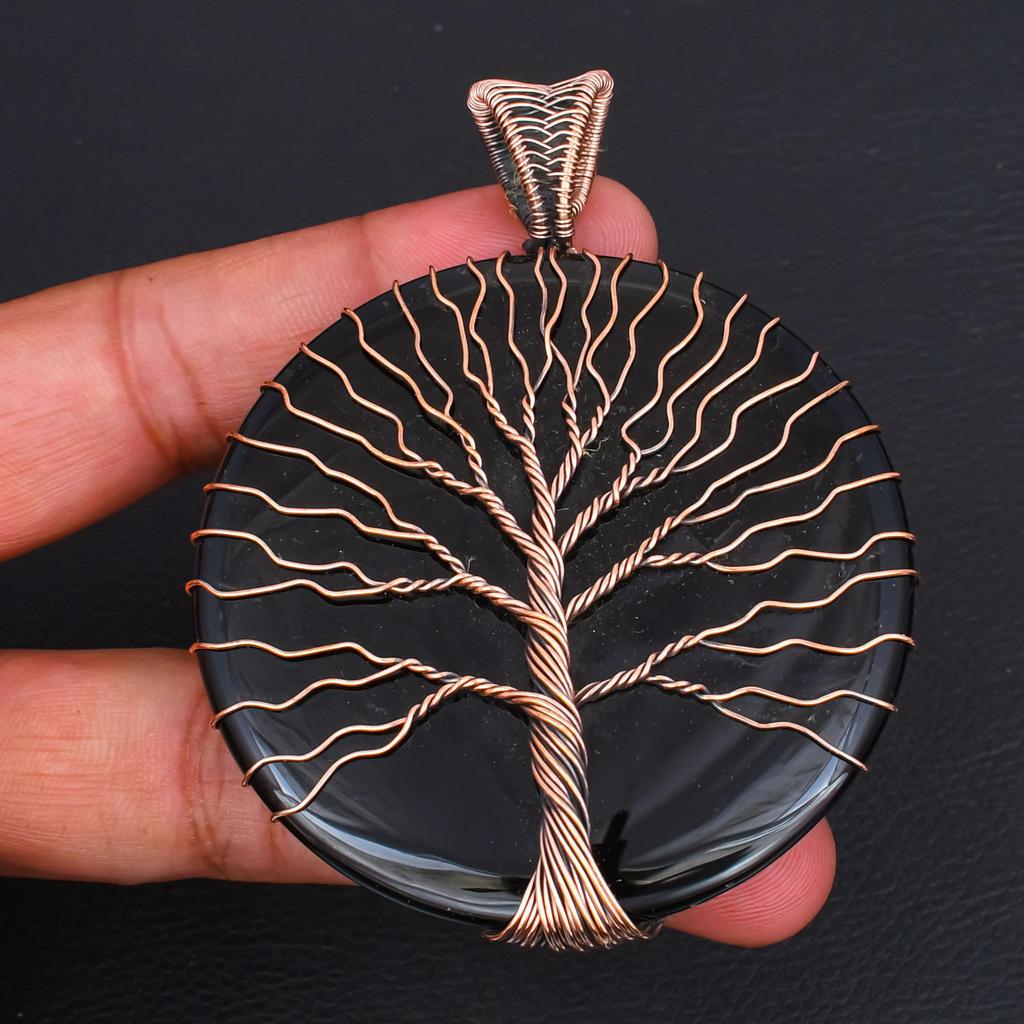 Handcrafted Huge Round Black Onyx Pendant, Artistic Tree of Life Copper Wire Wrap, Oversized Gemstone Necklace, Boho Chic Jewelry