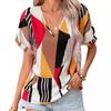Europe, America 1116 summer new v-neck printed short-sleeved top women's geometric pattern contrasting shirt
