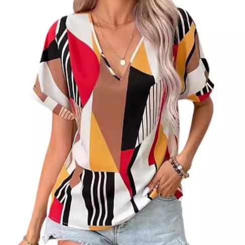 Europe, America 1116 summer new v-neck printed short-sleeved top women's geometric pattern contrasting shirt