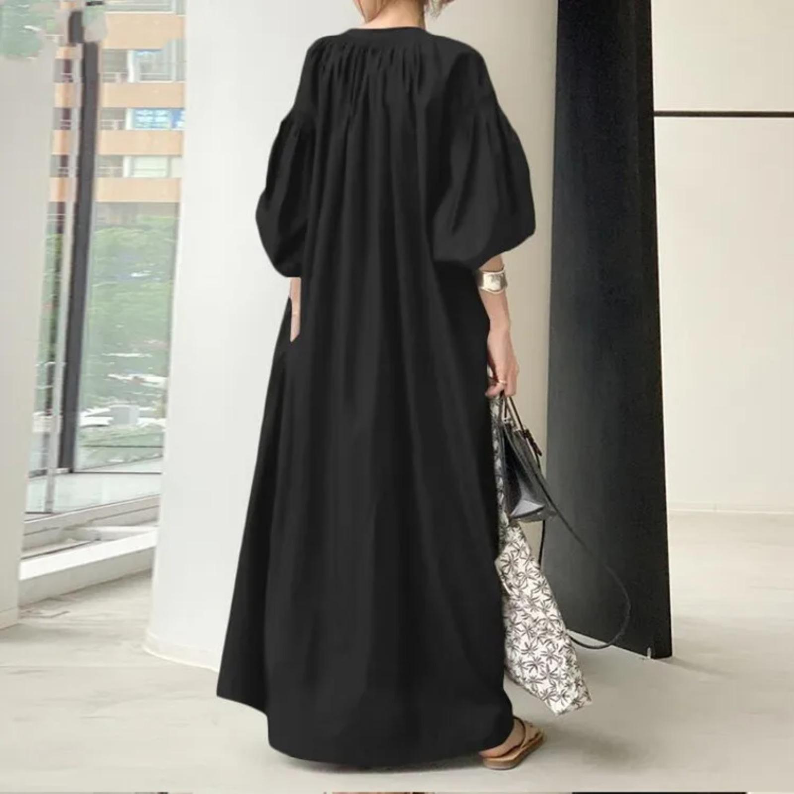 

Chic Cotton Loose Lantern Sleeve Vintage Dress Women s Big Size Dress S чёрный