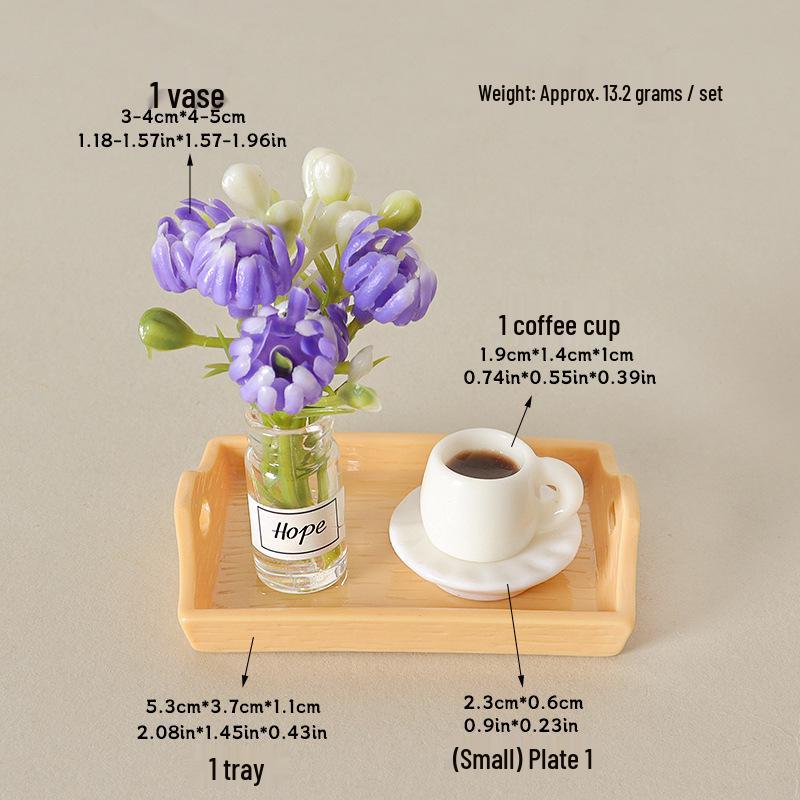 Miniature Dollhouse Coffee Cup Ornament Set - Handmade Tray & Vase Accessories