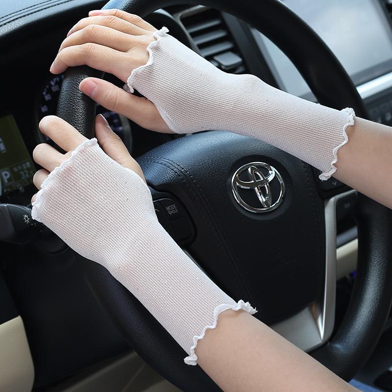 1 Pair Women Mittens Half Finger Gloves Mesh Summer Breathable Anti UV Transparent Touch Screen Cycling Ruffle Fingerless Gloves One Size белый