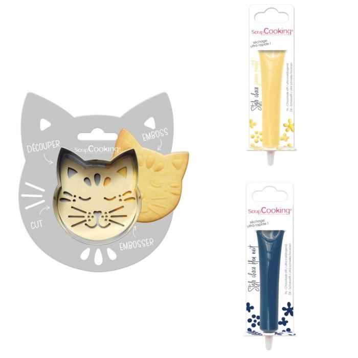 Kit pour biscuit en relief Chat + 2 Stylos au chocolat jaune pastel et bleu nuit