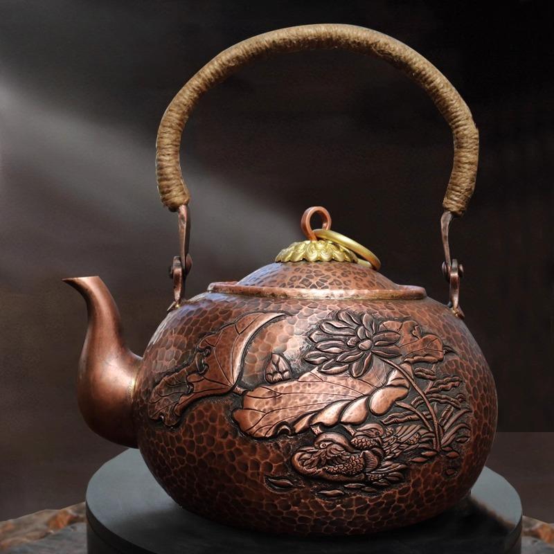 Antique Copper Kettle Handmade Hammer Pattern Red Copper Teapots Thicken Uncoated Kettles Health Tea Set Crafts Chinese Tea Pot