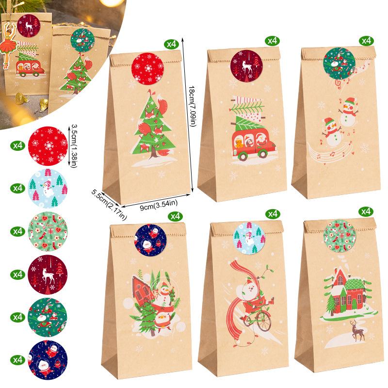 Christmas Gift Bags with Stickers - 24 Sets Advent Calendar Candy Paper Bags