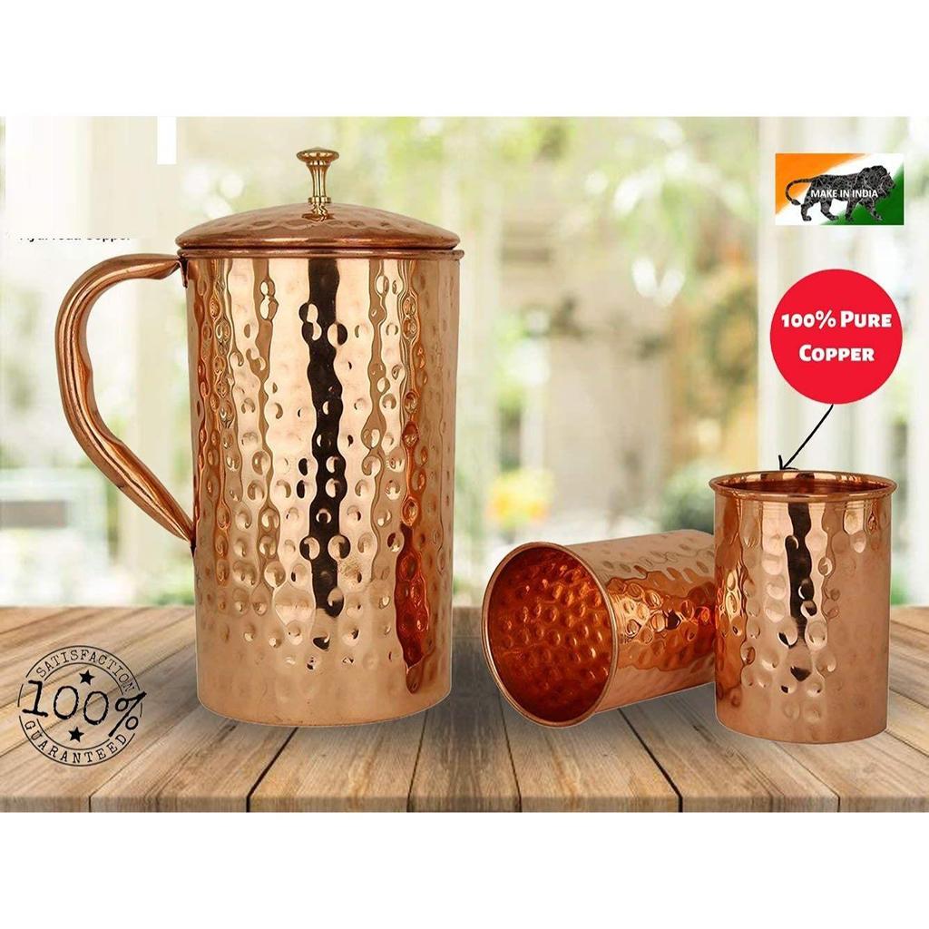 Měděná láhev na vodu, 1000 ml, sada 1 ks, zelený potisk (Džbán se 2 sklenicemi)