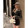 Women's Black Leather Cardigan: French Style, Loose Fit, Long Sleeve Short Jacket