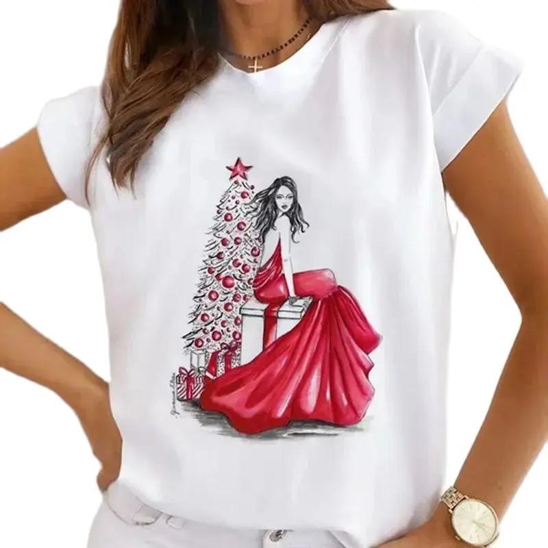 Festival Christmas Printed Short Sleeved Casual Womens Tshirt Crewneck Tops Kawaii Fashion Women TShirt Clothes Harajuku