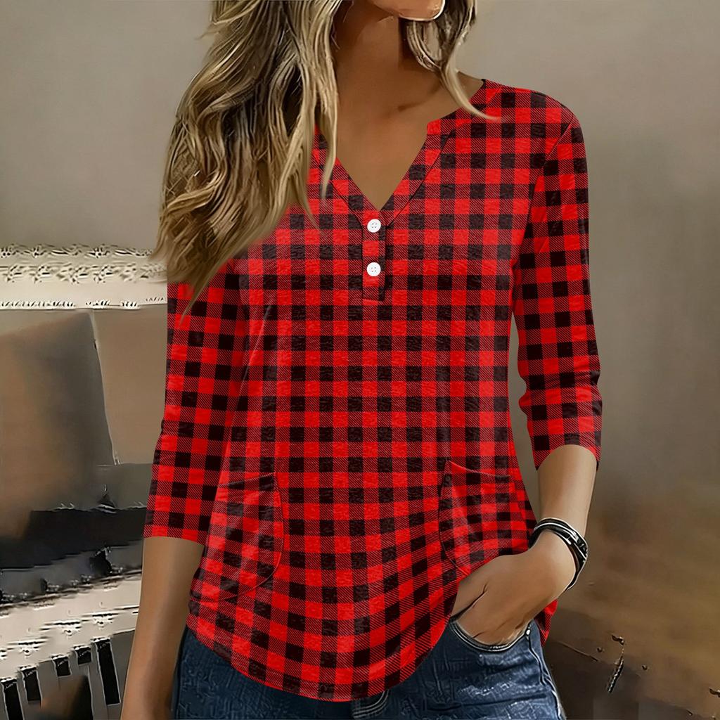 Womens 3/4 Sleeve V Neck Henley Pullover Top Geometric Print Casual Loose Fit Tunic Shirt