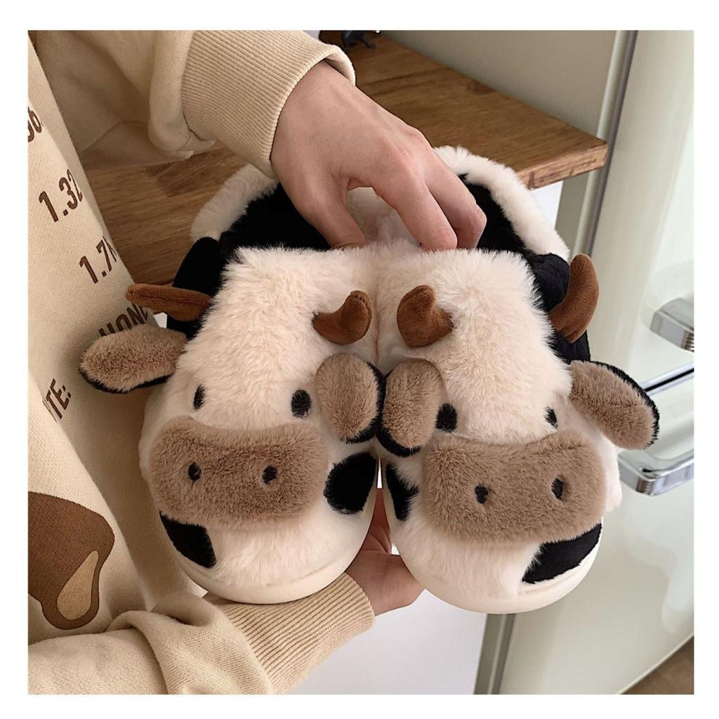 Fuzzy Cute Cow Slippers for Women Winter Warm Cozy Animal Fluffy Kawaii House Slippers Cute Slippers