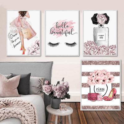 Mode Frau Poster Rosa Blumen Parfüm Leinwand Malerei Wand Kunst Wimpern Make-Up Druck Bild Moderne Mädchen Zimmer Dekoration