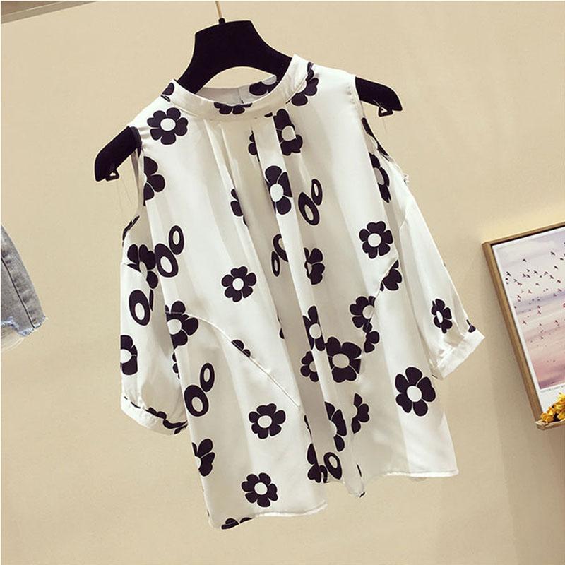 

Шифоновая рубашка с открытыми плечами и короткими рукавами. Шифоновая блузка с принтом. Черно-белая рубашка с цветочным принтом. Женская повседневная футболка с принтом. XXXL белый