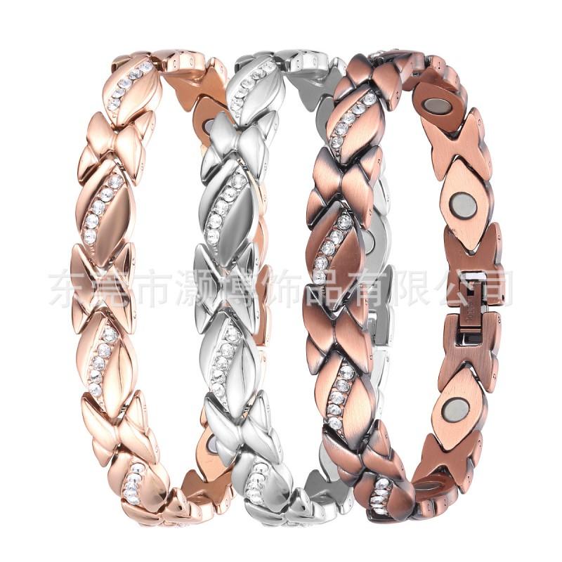 Magnetic Copper-Tone Crystal Studded Titanium Steel Bracelet Women Geometric Style Fashion Jewelry