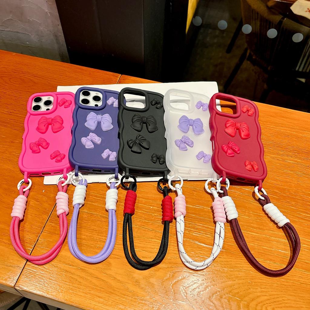 For IPhone 16 Phone Case All Inclusive Bow Tie 15 Promax for Apple 14 One-piece Lanyard Hole Large Wave Case
