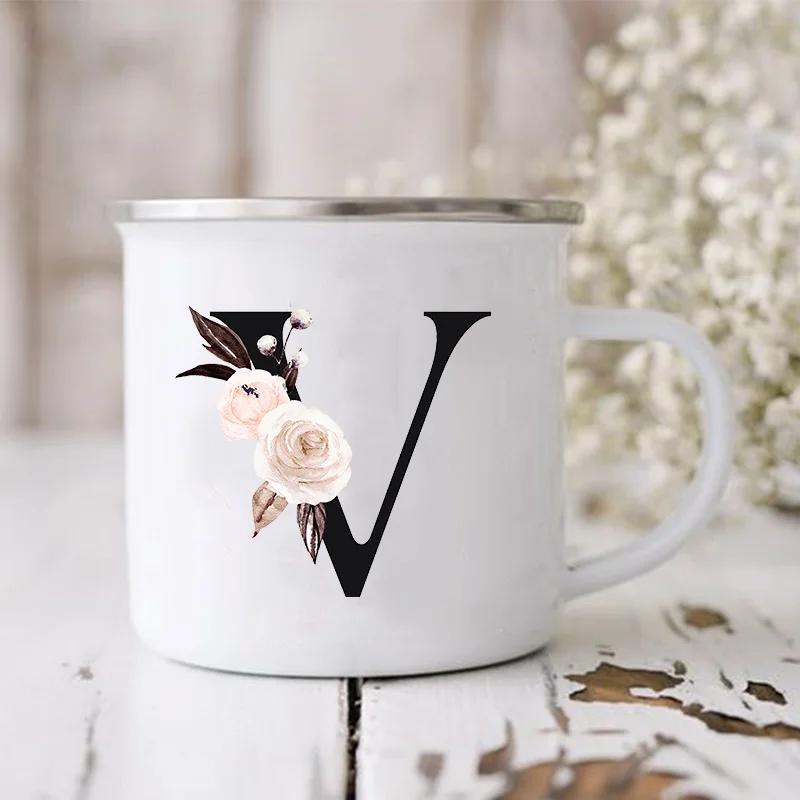 Initial Letter Print Mugs Enamel Creative Coffee Cups Drinks Wine Juice Milk Cup Vintage Home Office Handle Drinkware Best Gifts