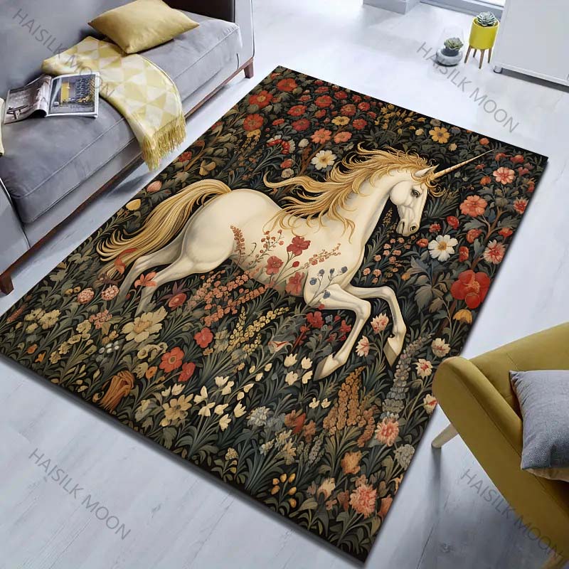 1PC Classic Print Unicorns and Flowers Carpet for Living Room Bedroom Bedside Sofa Table Floor Mat Home Area Rug Decoration