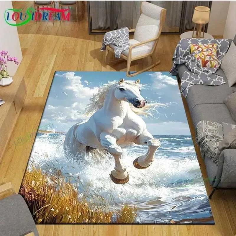 Realistic Running Horse Print Flannel Area Rug, Non-slip Soft Floor Mat for Living Room Bedroom Home Decor