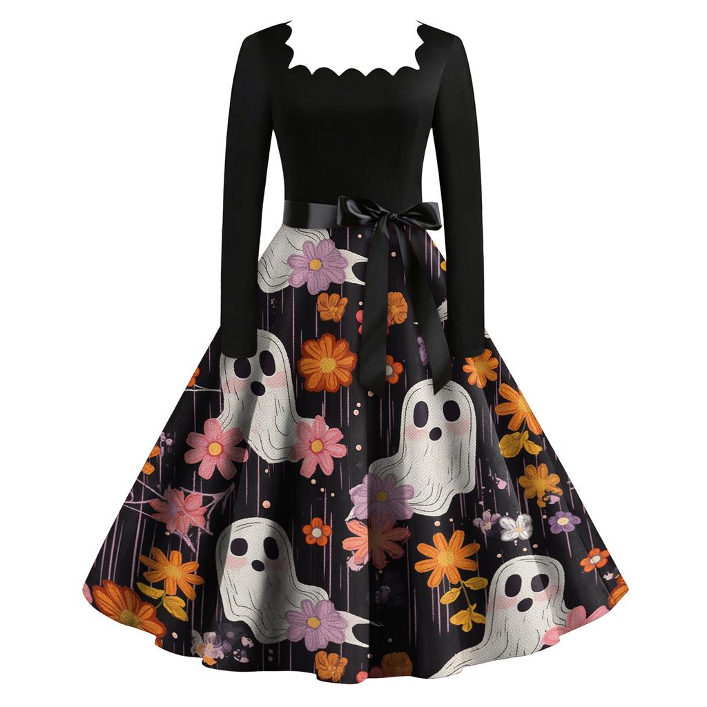 Women's Vintage Long Sleeve Square Neck Party Dress Halloween Printed Full Skirt Midi Dress with Waist Tie Belt Retro Style