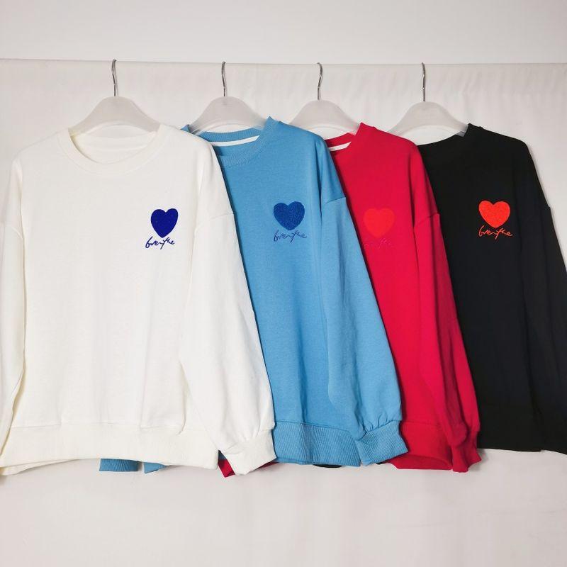 Pure Cotton Washed Terry round Neck Pullover Long sleeve Hoodie Women Loose Casual Love Embroidery Lazy off Season Clearance