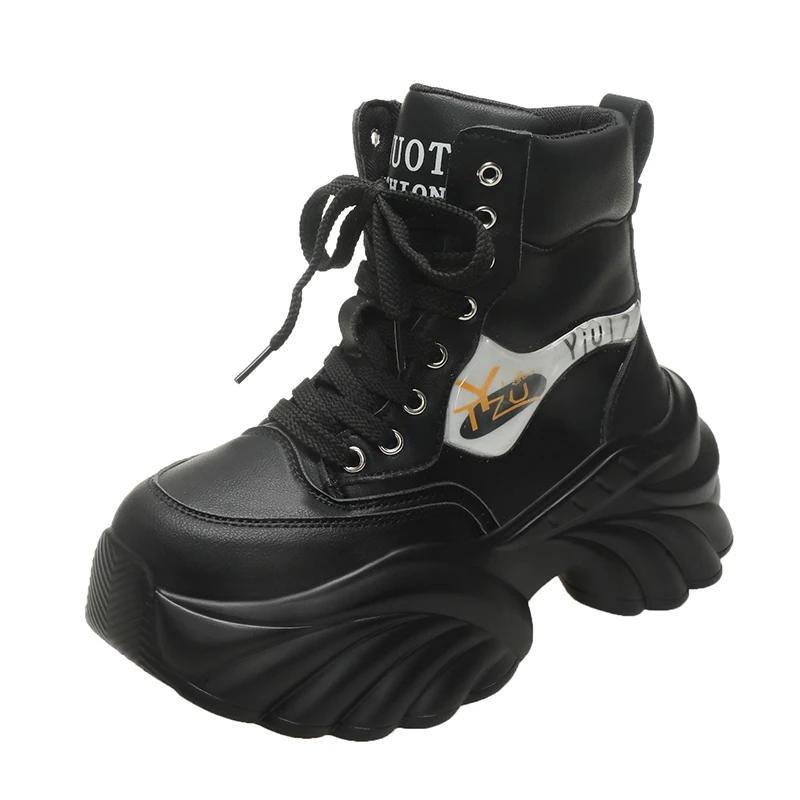 Fashion 8CM Autumn High Top Women Sneakers Lace-up Winter Warm Leather Ankle Boots Casual Canvas Shoes Thick Bottom Fashion Short Boots