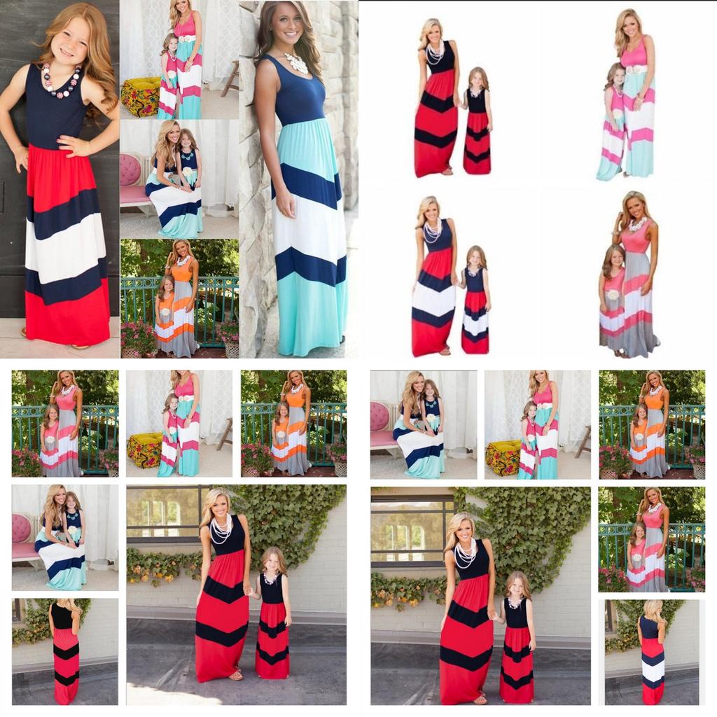 Oszałamiająca Sukienka Maxi w Pasy Niebiesko-Czerwone Color-blocking dla Kobiet i Dzieci