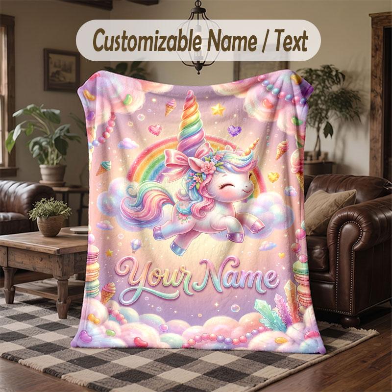 Unicorn Theme Throw Blanket Custom Name Text Personalized Blanket Soft Cozy Blanket for Home Sofa Bed
