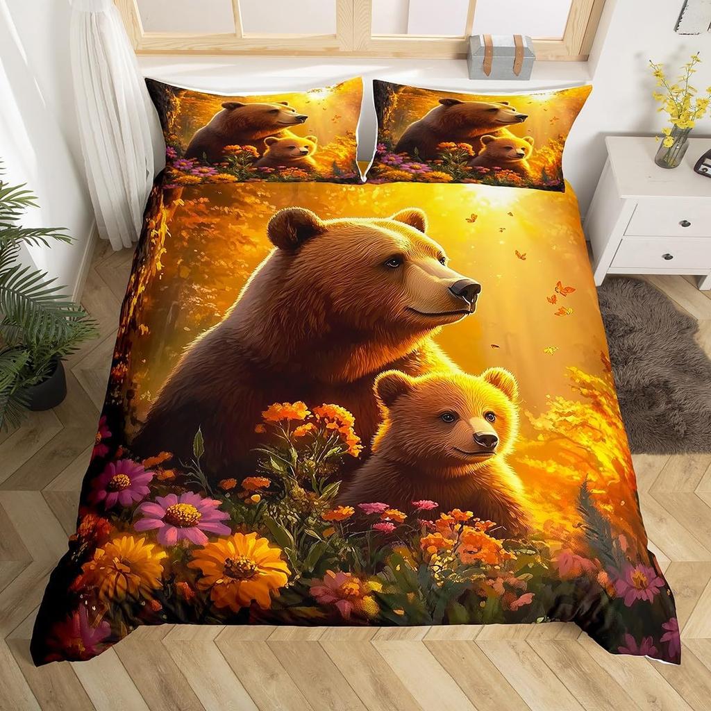 Rustic Bear Duvet Cover Twin Queen Size, Hunting Wild Animal Comforter Cover Wildlife Bedding Set for Kids Teens Adult Bedroom