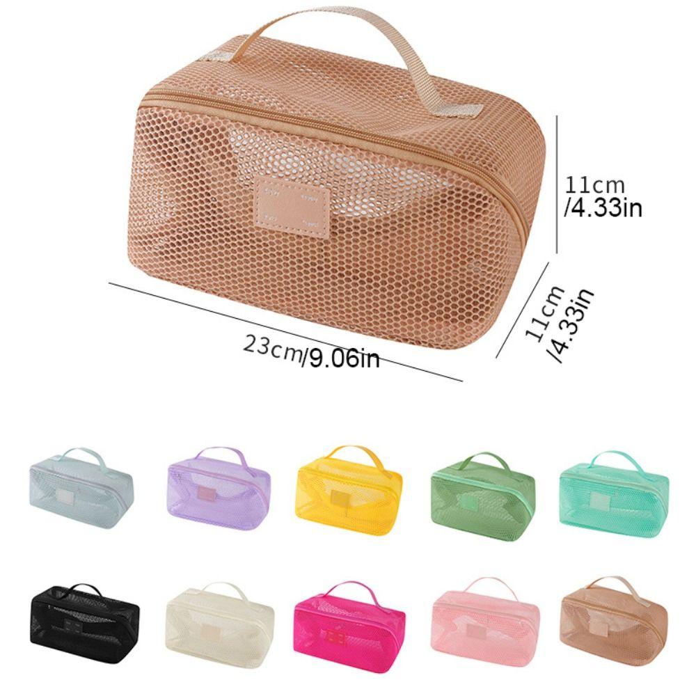 Solid Color Mesh Cosmetic Bag Zipper Toiletry Storage Bag Portable Makeup Pouch  Women/Girls