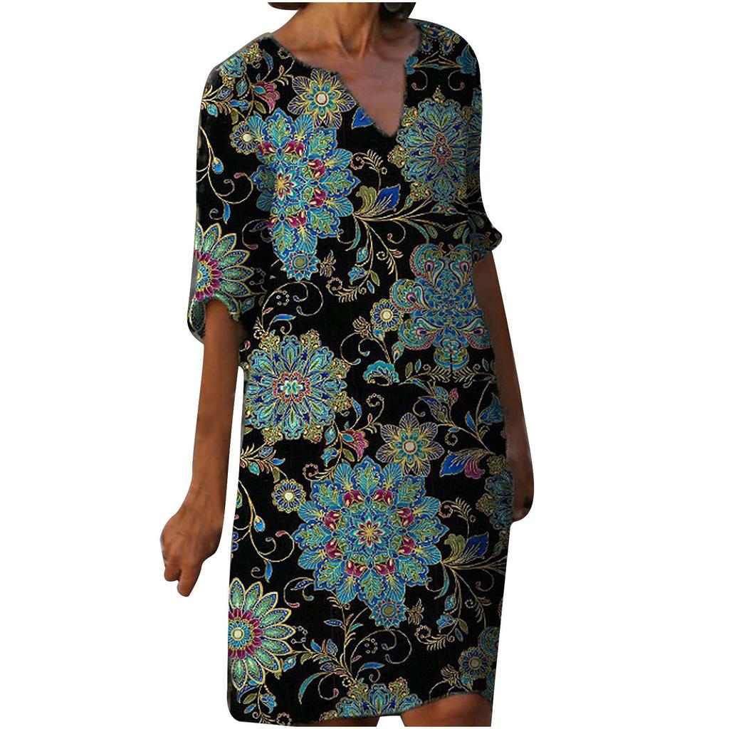 Women Half Sleeve V-Neck Casual Hot Vacation Printed Short   Dress