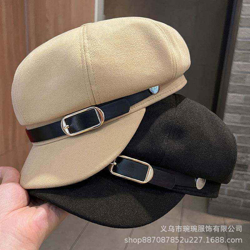 Autumn and winter new simple belt buckle octagonal hat children's outdoor woolen warm newsboy hat British painter hat