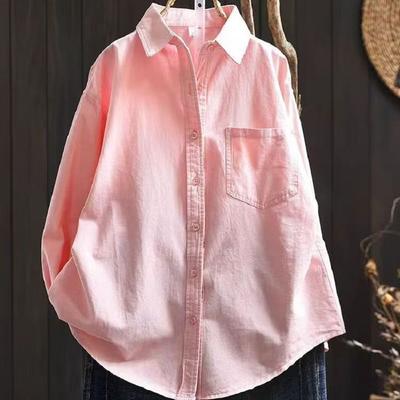 Chemise ample solide femme automne coréenne manches longues simple poches chemisiers col à revers style fille couleur vive porter haut