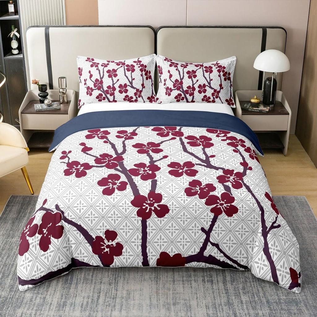 Cherry Blossoms Super King Duvet Cover Girl, Japanese Style Bedding Set Spring Quilt Cover Petal Branch Girly Romantic Bed Sets