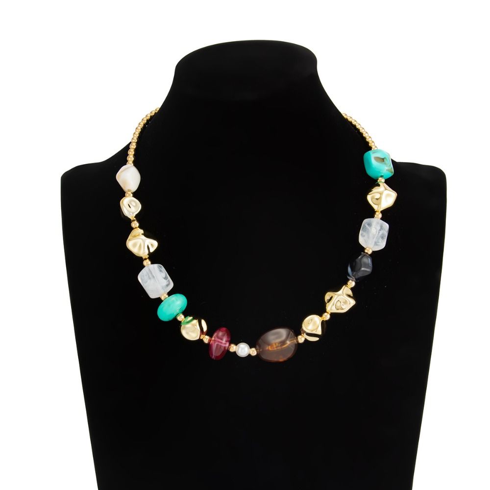 Stone Beads Short Choker Vintage Clavicle Chain Retro Colorful Resin Necklace  Women