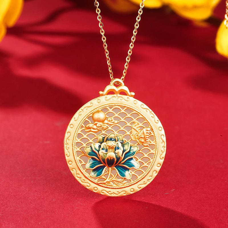 Blue Enamel Painted Lotus Necklace Women's Trendy Light Luxury Clavicle Chain Hetian Jade Circle Pendant